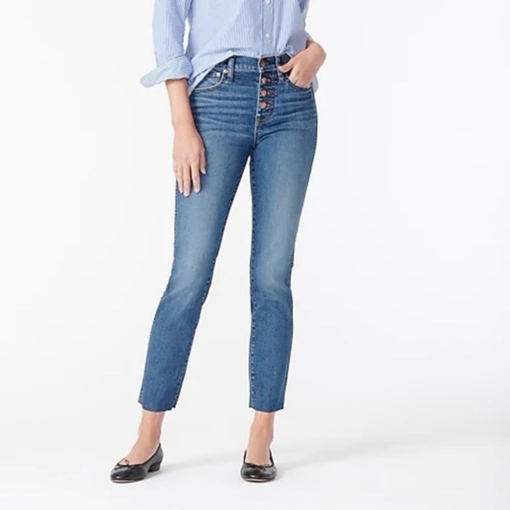 J. Crew Vintage Straight Jeans 34 18 button fly cropped ankle stretch blue denim